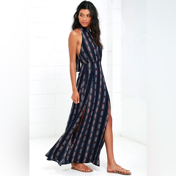 LULU’S NAVY BLUE PRINT HALTER MAXI DRESS - Picture 13 of 15